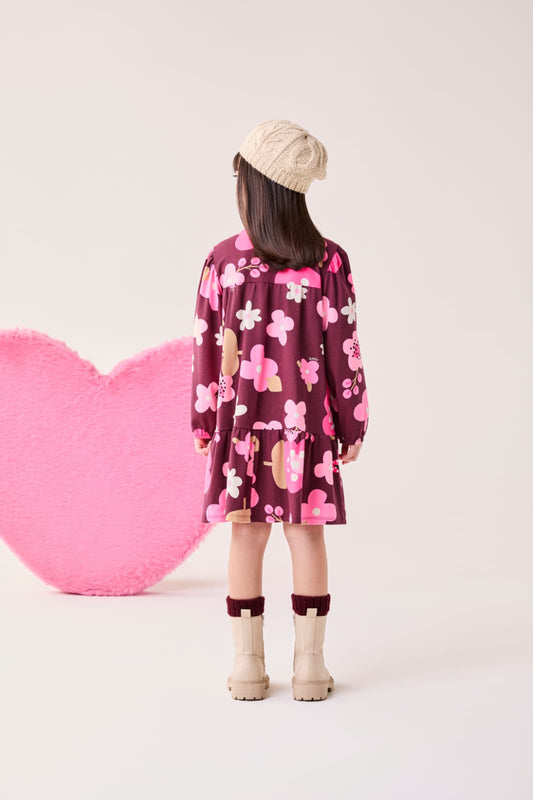 Vestido Infantil Bordô Flores Bimbi