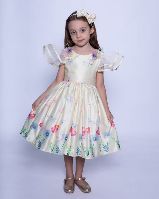 Vestido Infantil Festa Amarelo Flores Buá