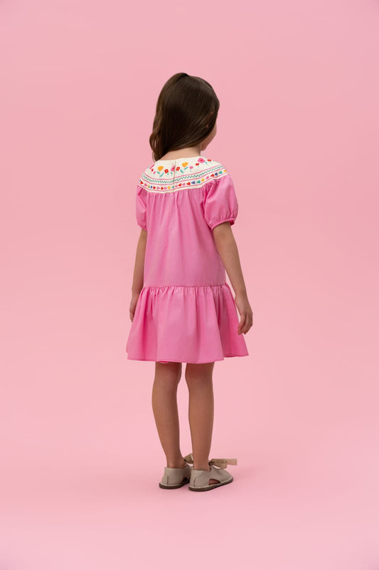 Vestido Infantil Rosa Gola Flores