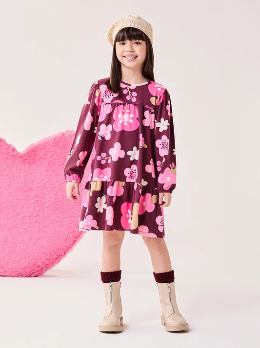 Vestido Infantil Bordô Flores Bimbi