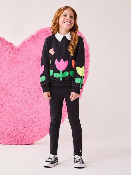 Conjunto Infantil Preto Flores ML Buá