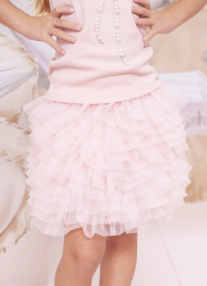 Saia Short Infantil Rosa Cascata Babados Pituchinhus