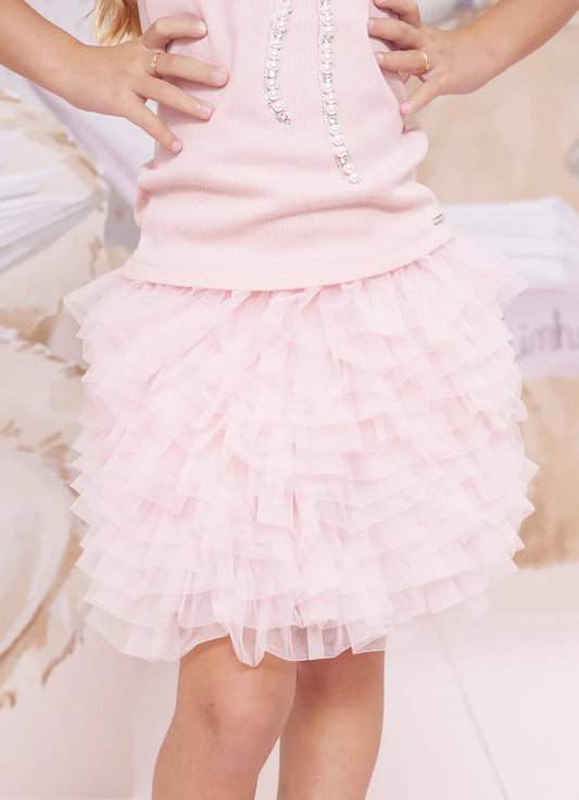 Saia Short Infantil Rosa Cascata Babados Pituchinhus