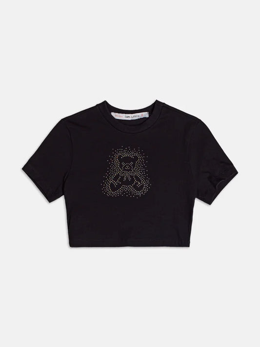 Blusa Baby Tee Preto Urso Strass Authoria