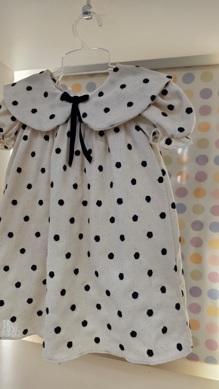 Vestido Infantil Linho Bege Poá Buá