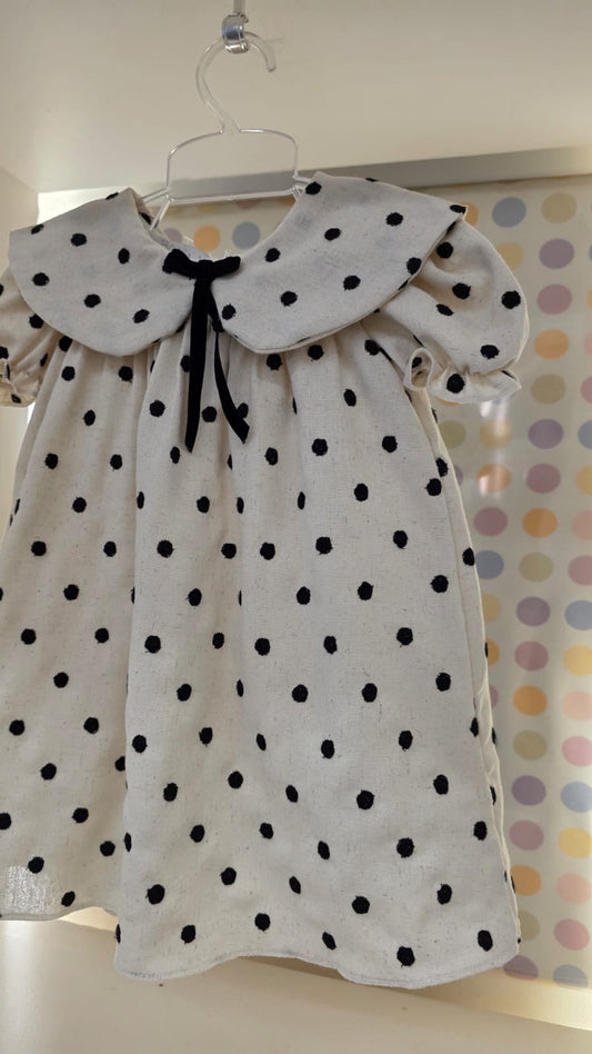 Vestido Infantil Linho Bege Poá Buá