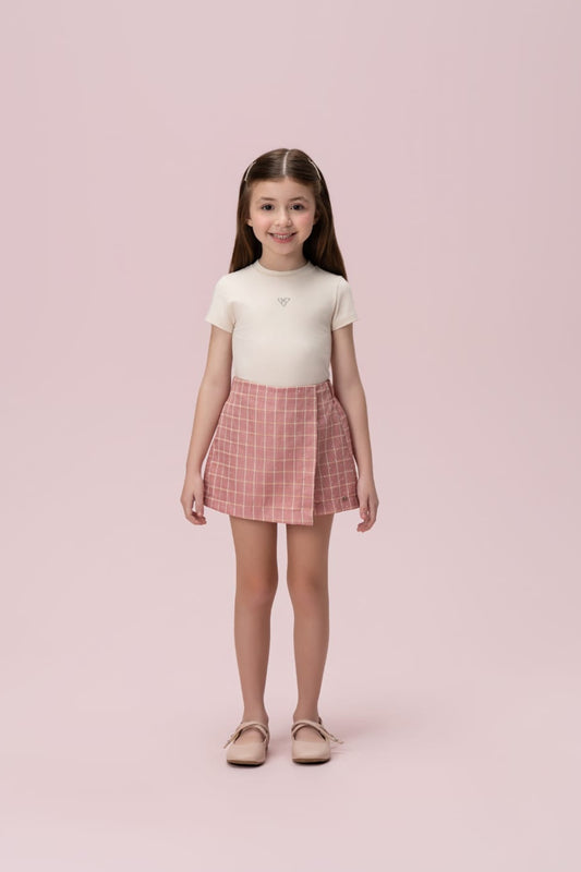 Conjunto Infantil Bege Saia Xadrez Petit Cherie
