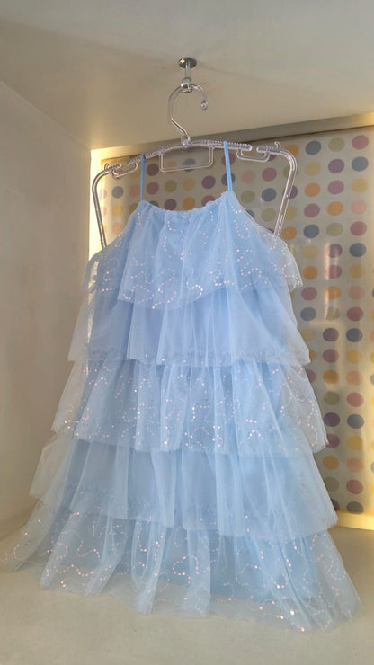 Vestido Infantil Azul Babados Paetê Petit Cherie