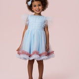 Vestido Infantil Azul em Tule com Babados Rosa Petit Cherie