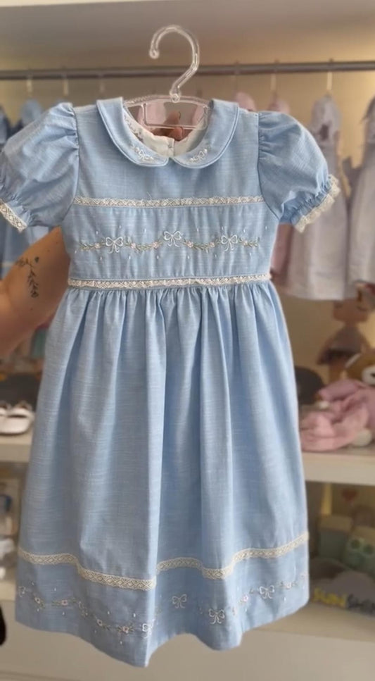 Vestido Infantil Azul Bordado Buá