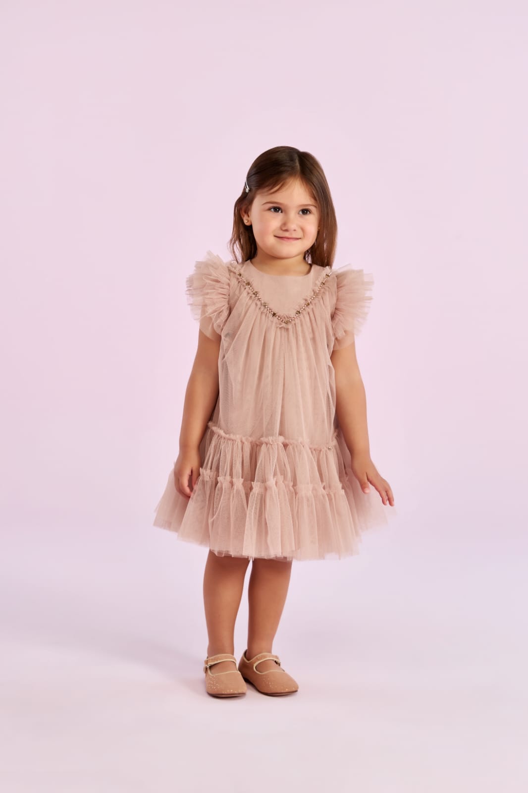Vestido Bege Pérolas Petit Cherie
