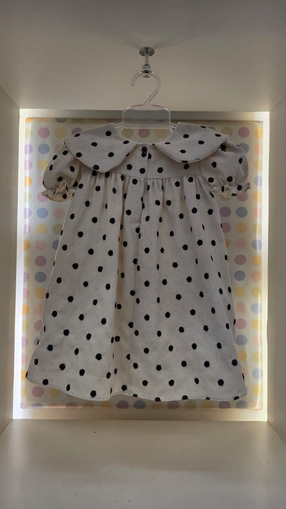 Vestido Infantil Linho Bege Poá Buá