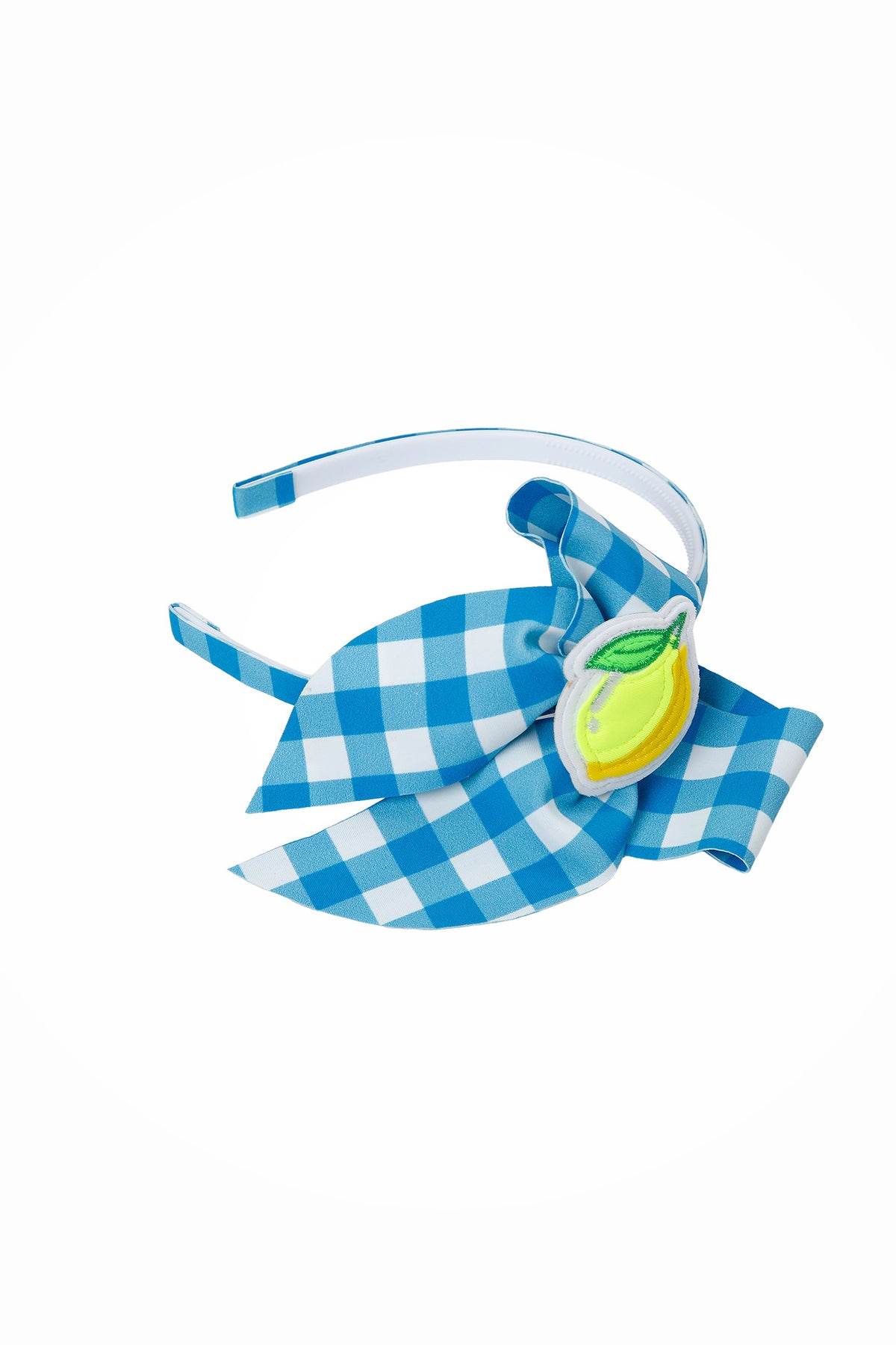 Tiara infantil Vichy Limão Siri com arquinho revestido em xadrez azul e branco, laço grande e aplique de limão amarelo.