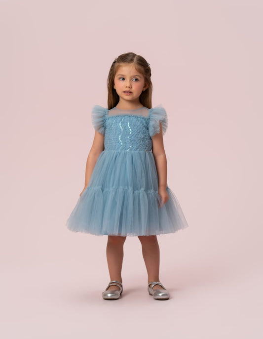 Vestido Infantil Azul Paetês Petit Cherie