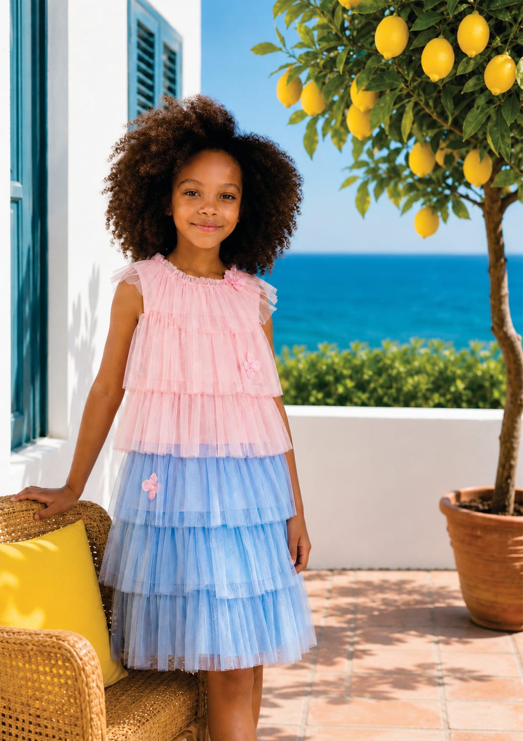 Vestido Infantil Azul Tule Babados Buá