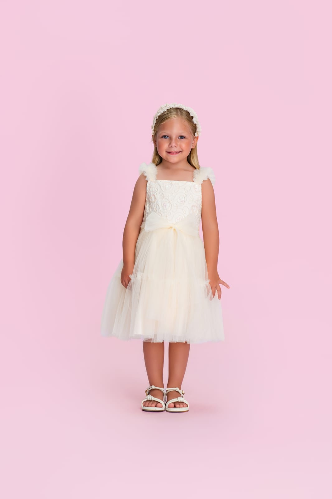 Vestido Infantil Bege Corações Petit Cherie