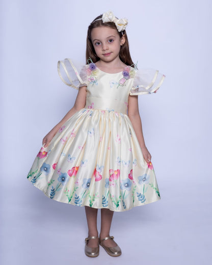 Vestido Infantil Festa Amarelo Flores Buá