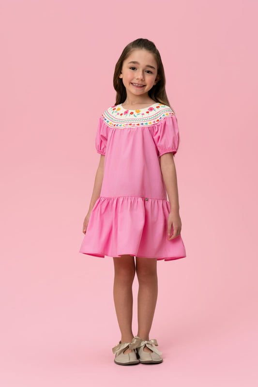 Vestido Infantil Rosa Gola Flores