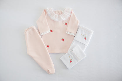 Vestido com Calça Bebê Doce Morango Rosa Buá