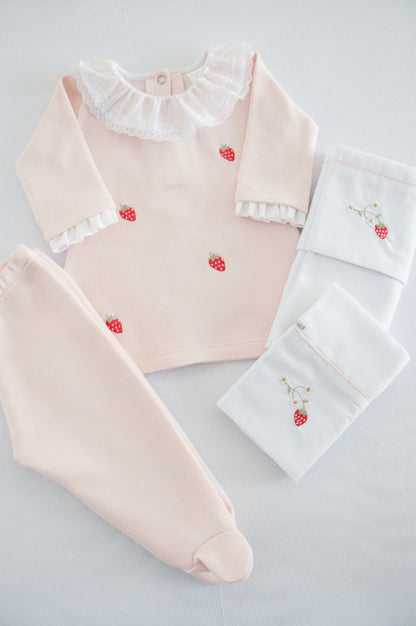 Vestido com Calça Bebê Doce Morango Rosa Buá