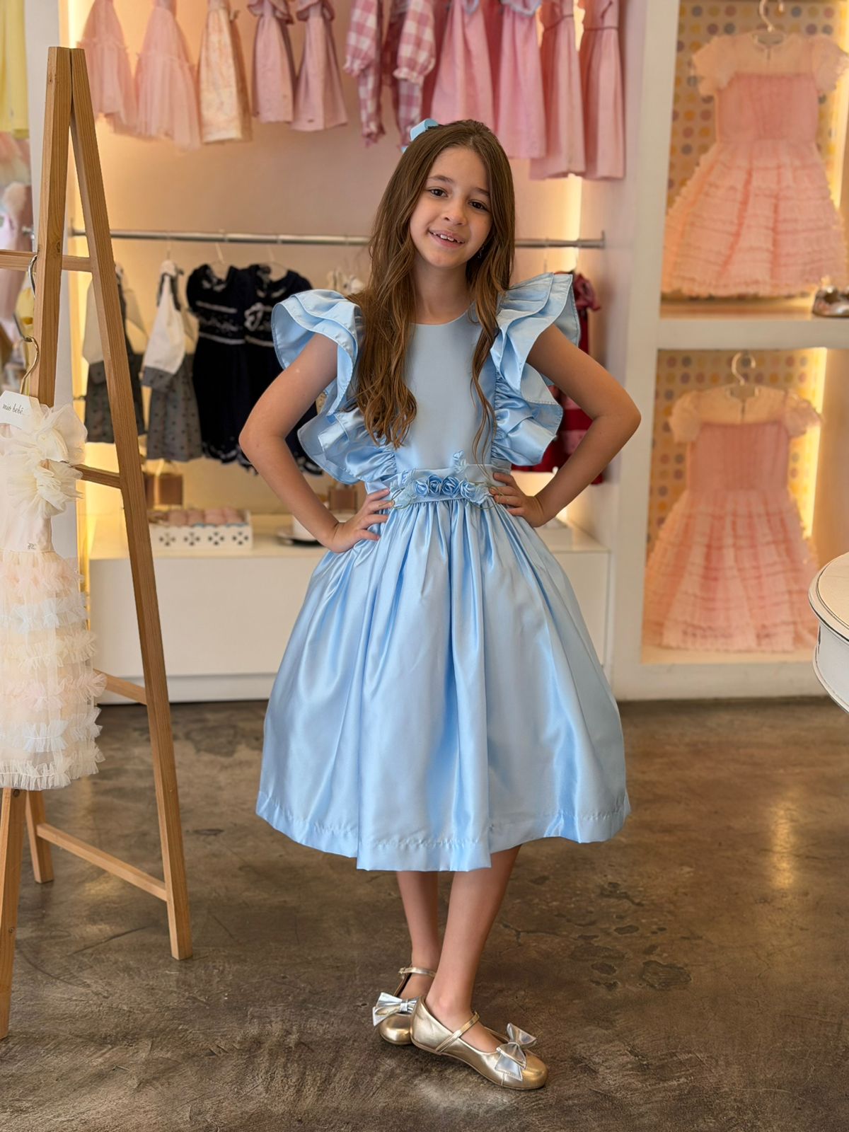 Vestido Infantil Azul Manga Babados Buá