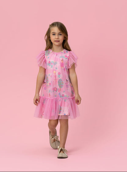 Vestido Infantil Tule Rosa Bonecas