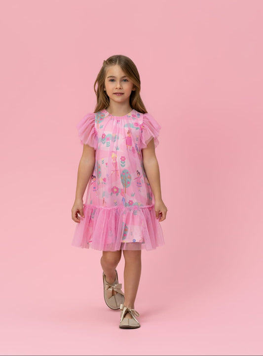 Vestido Infantil Tule Rosa Bonecas