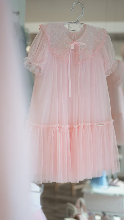 Vestido Infantil Tule Gola Bordada Buá