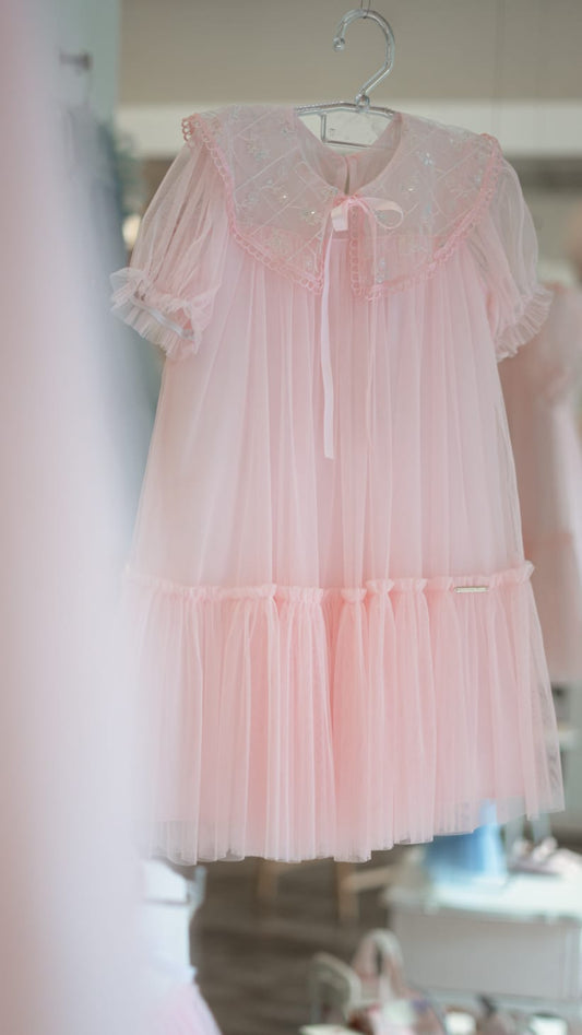 Vestido Infantil Tule Gola Bordada Buá