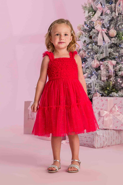Vestido Vermelho Tule Glitter Petit Cherie
