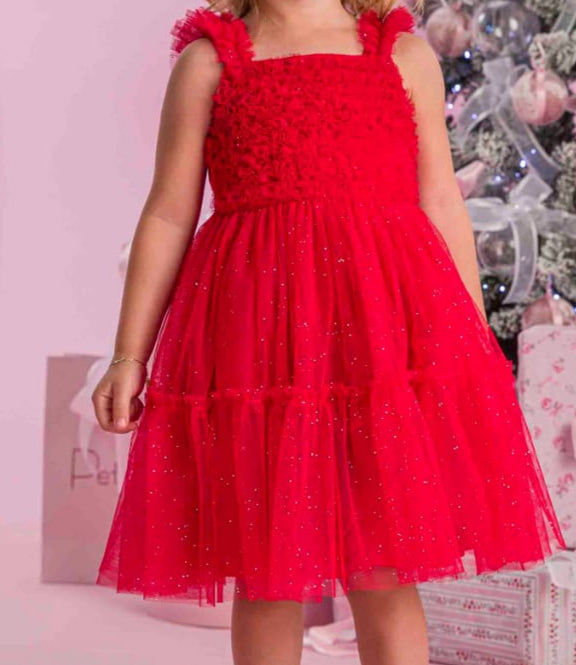 Vestido Vermelho Tule Glitter Petit Cherie