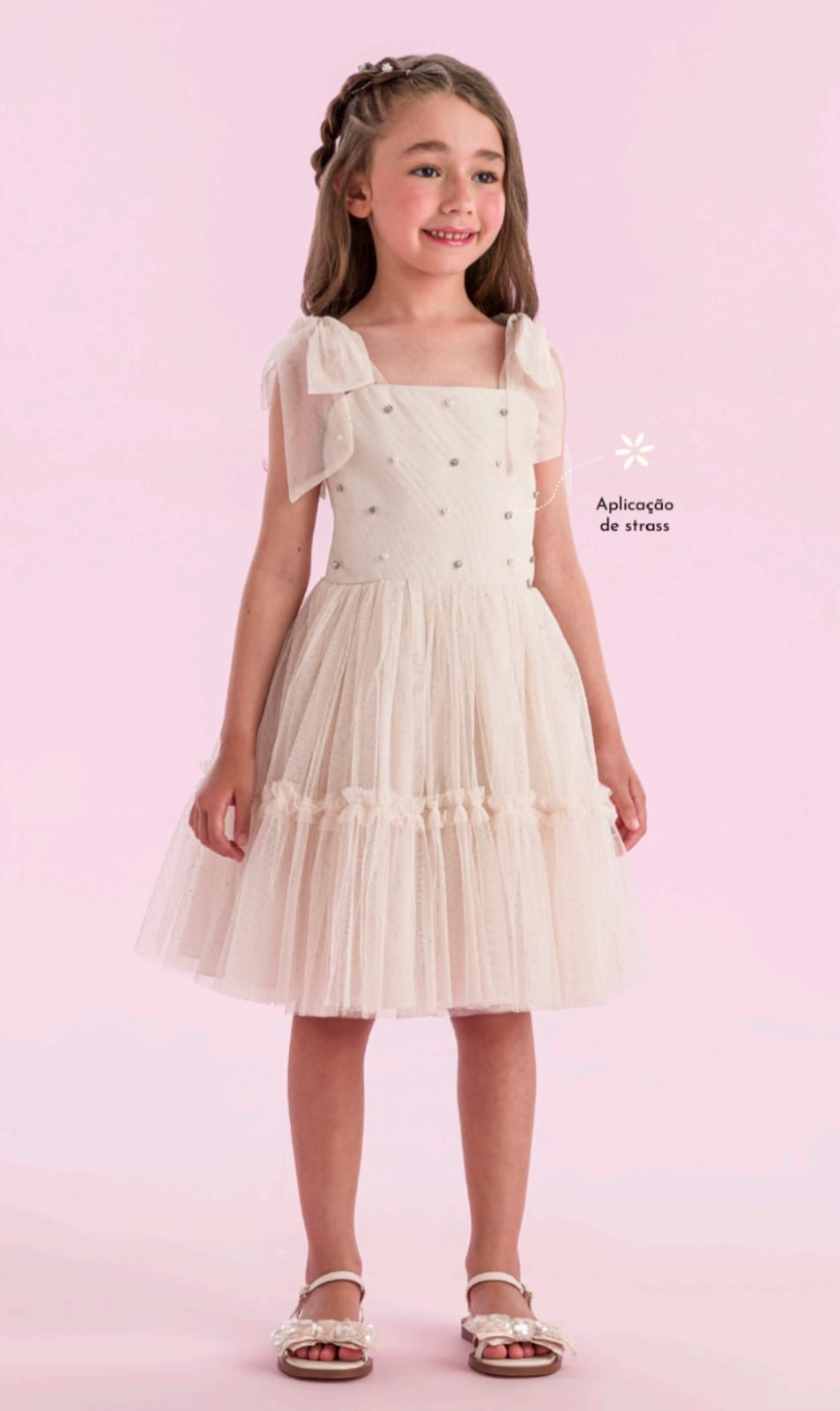 Vestido Bege Pérolas Petit Cherie
