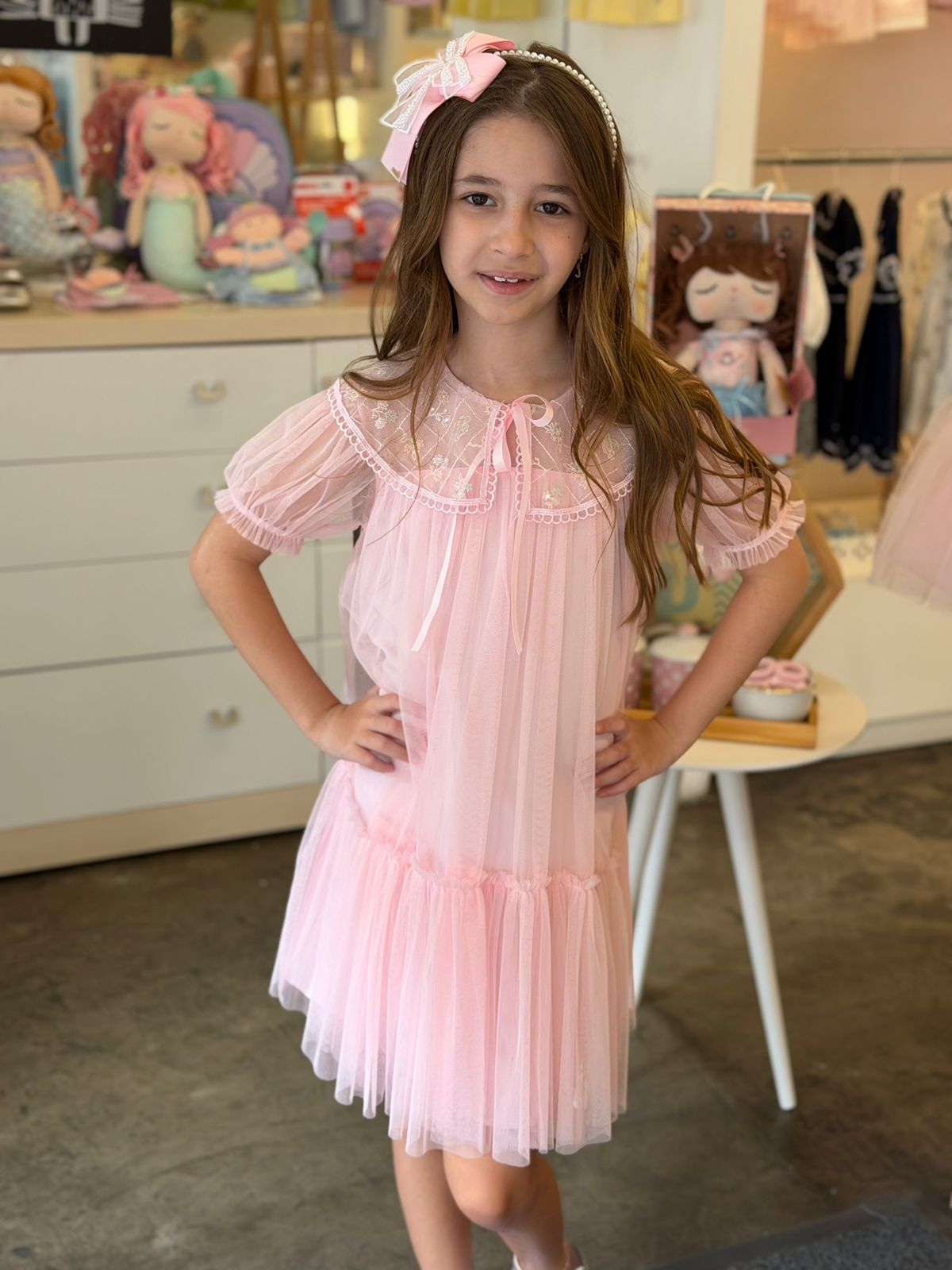 Vestido Infantil Tule Gola Bordada Buá