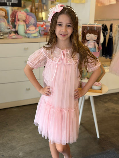 Vestido Infantil Tule Gola Bordada Buá