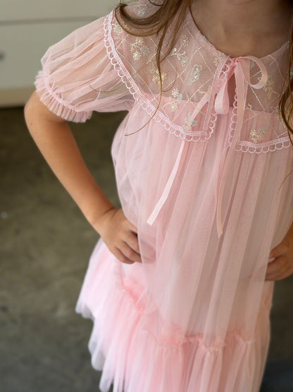 Vestido Infantil Tule Gola Bordada Buá