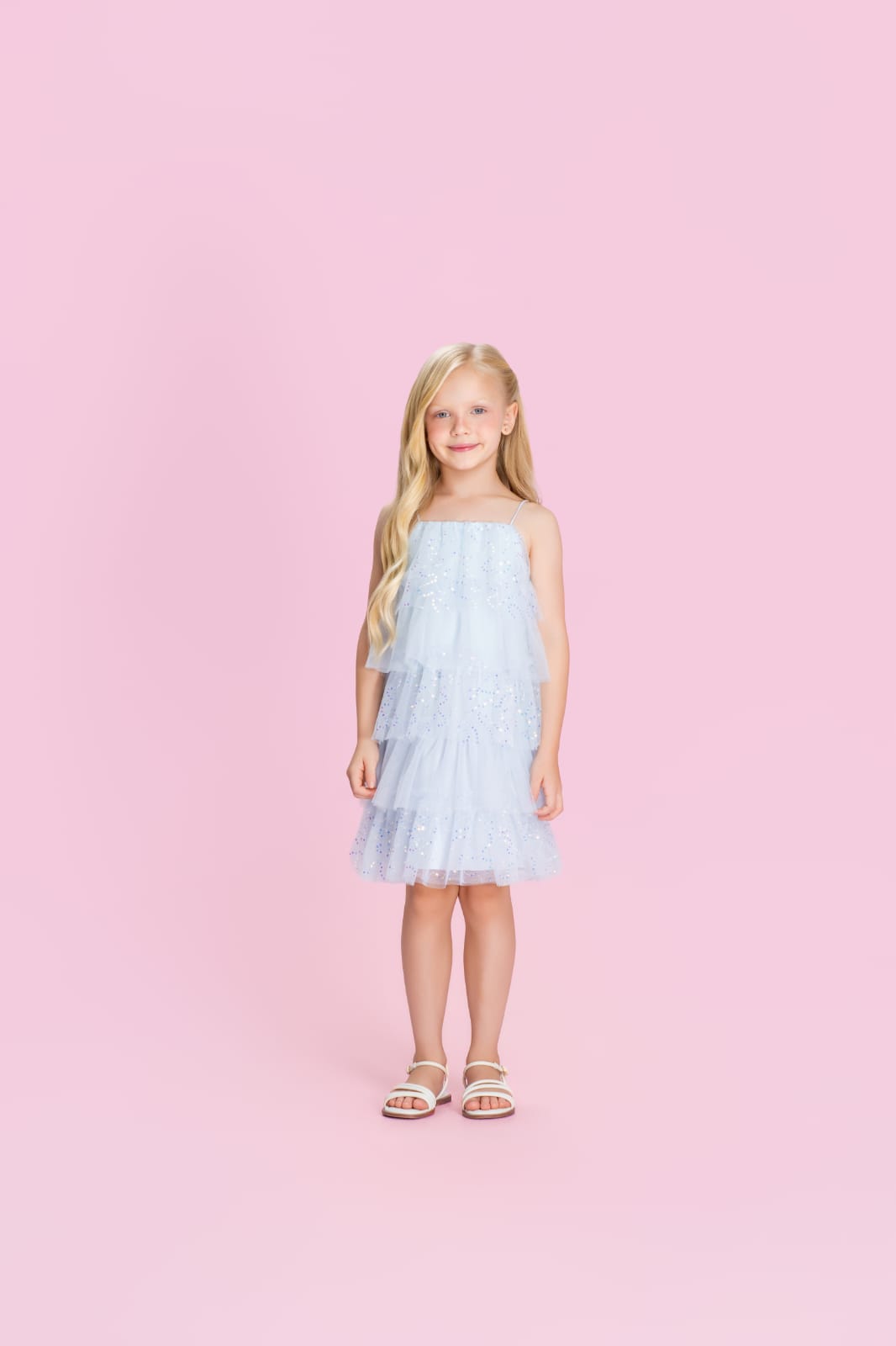 Vestido Infantil Azul Babados Paetê Petit Cherie