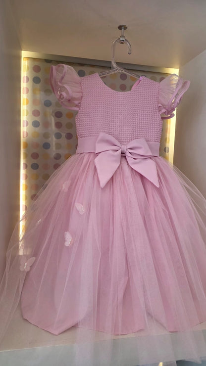 Vestido Infantil Rosa Corpo Bordado Buá