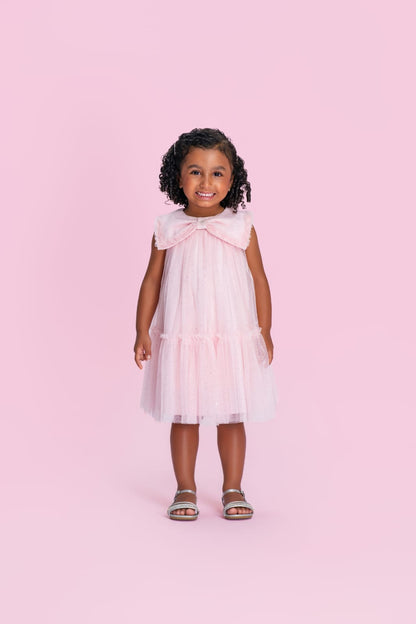 Vestido Infantil Rosa Gola Laço Petit Cherie