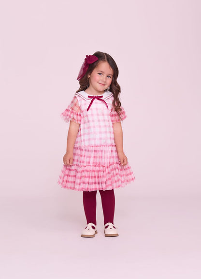 Vestido Infantil Tule Xadrez Rosa Buá