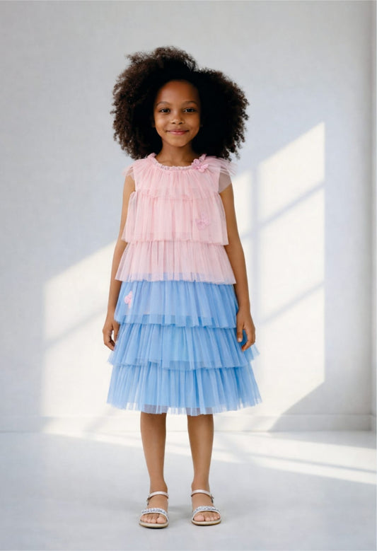 Vestido Infantil Azul Tule Babados Buá