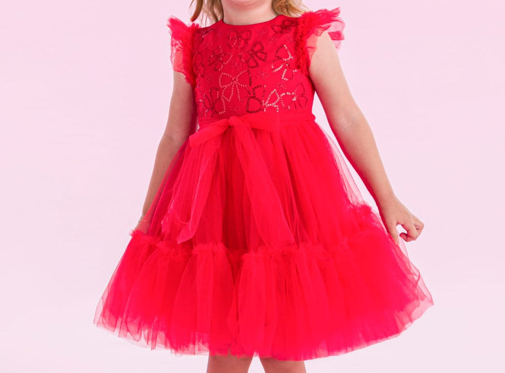 Vestido Infantil Tule Vermelho Laços Petit Cherie