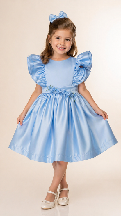Vestido Infantil Azul Manga Babados Buá