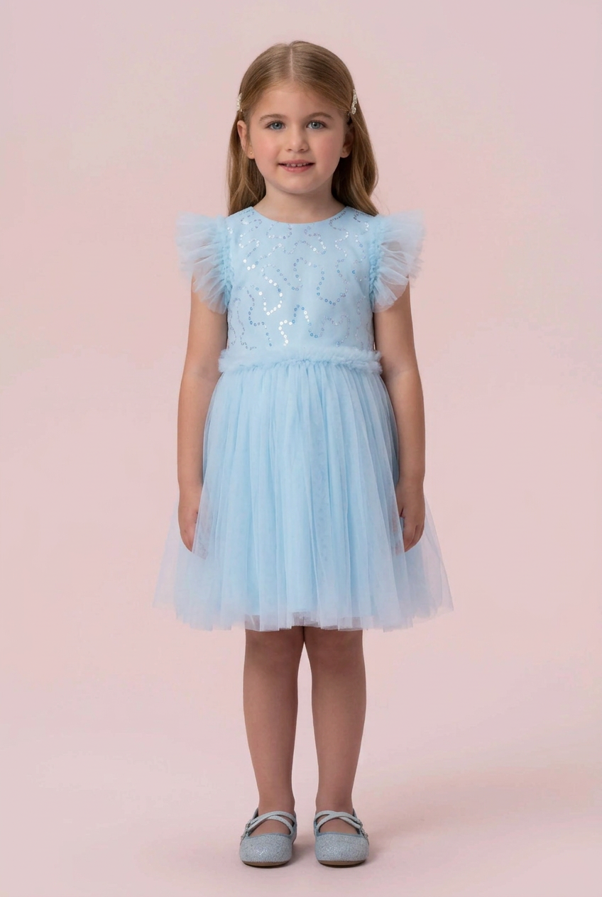 Menina de frente com o vestido azul-claro de paetês e tule, versão com menina de 10 anos