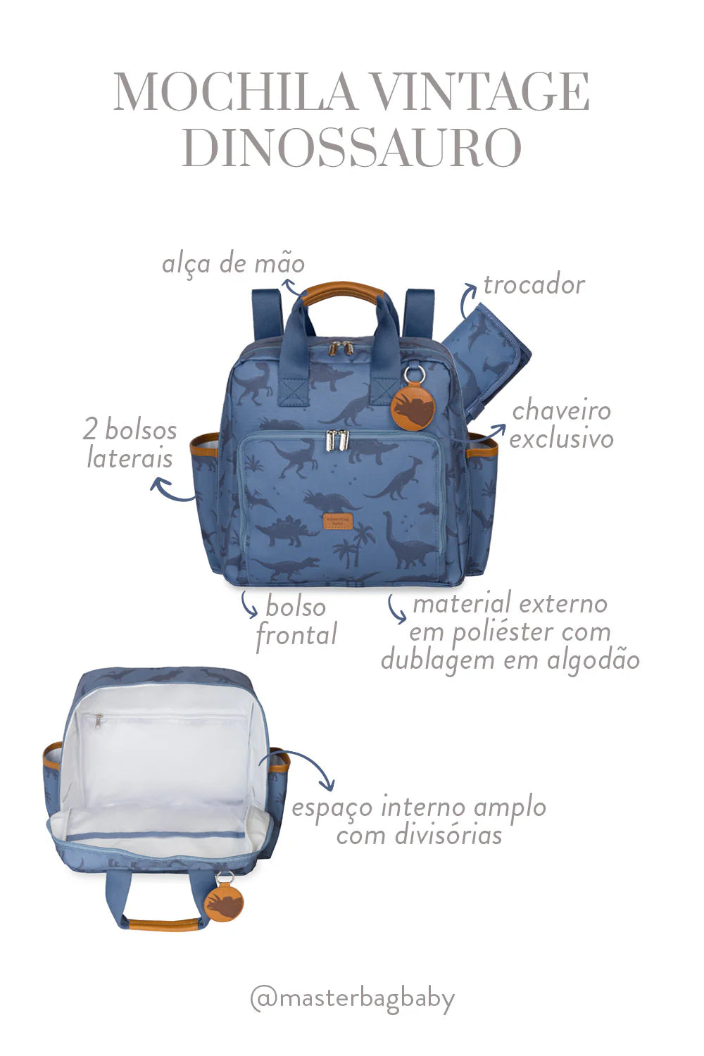 Mochila Baby Vintage Dinossauro Azul