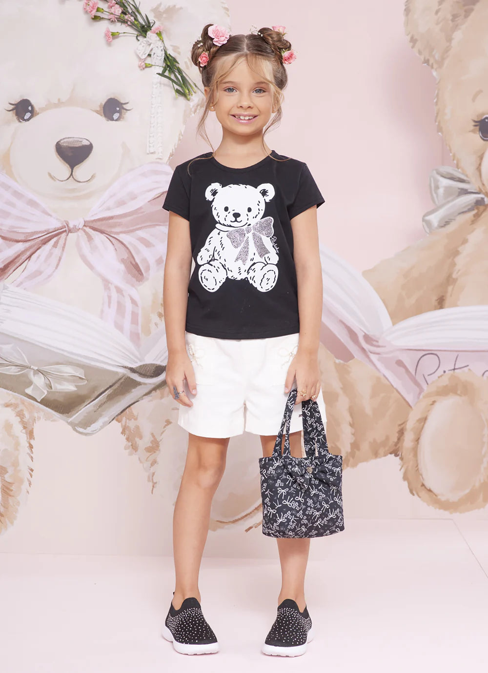 Blusa Infantil Menina Preta Ursa Pituchinhus