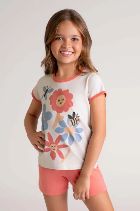 Pijama Infantil Menina Bege Flores