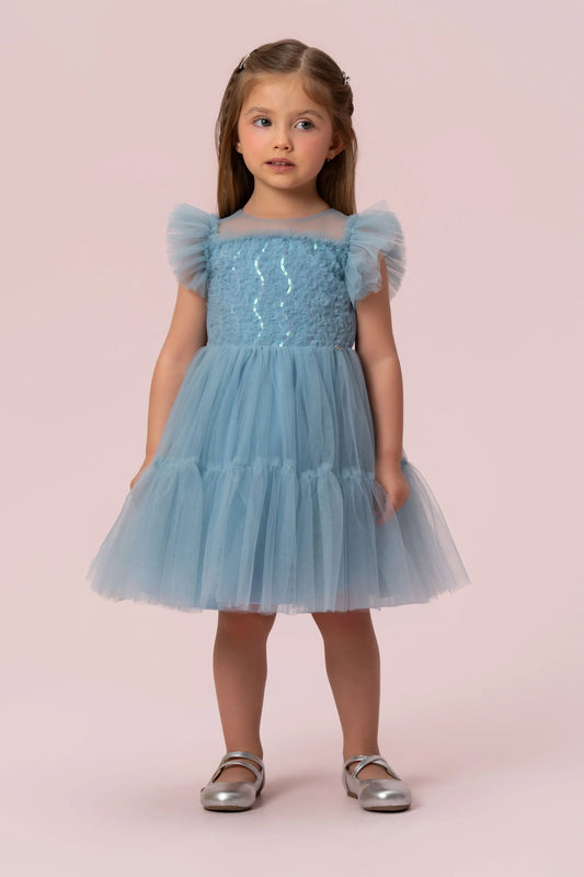 Vestido Infantil Azul Paetês Petit Cherie