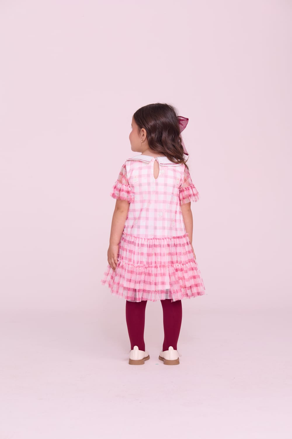 Vestido Infantil Tule Xadrez Rosa Buá