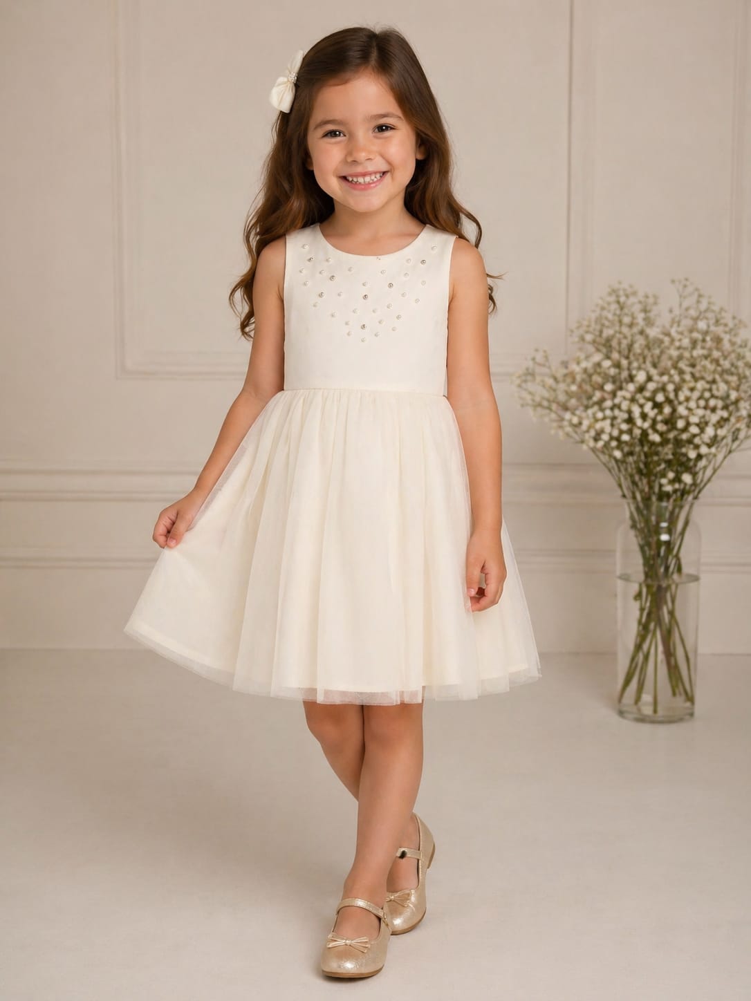 Vestido Infantil Creme Pérolas Petit Cherie