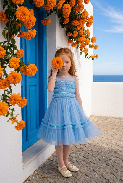 Vestido Infantil Azul Tule Paetês Buá